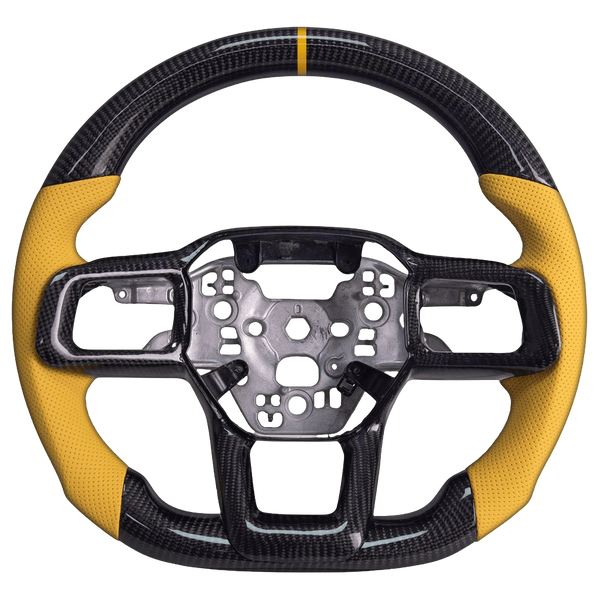 2024+ Ford Mustang S650 carbon fiber custom steering wheel with yellow perforated leather grips and yellow center stripe