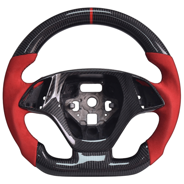 Chevrolet Corvette C7 carbon fiber custom steering wheel with red Alcantara grips, red center stripe, and exposed airbag mount