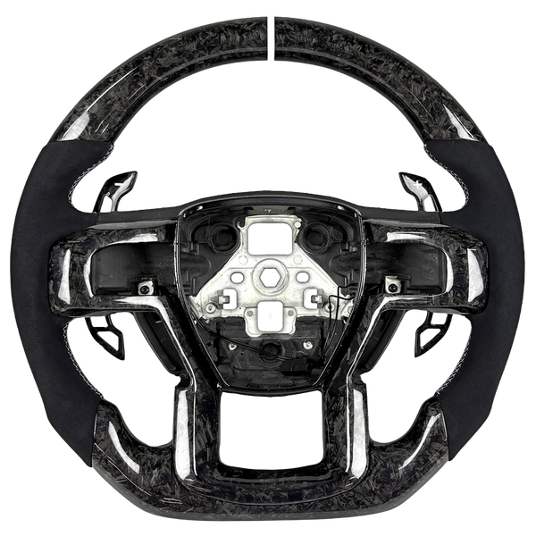 2015-2020 Ford F-150 forged carbon fiber custom steering wheel with black Alcantara grips, white center stripe, and paddle shifters