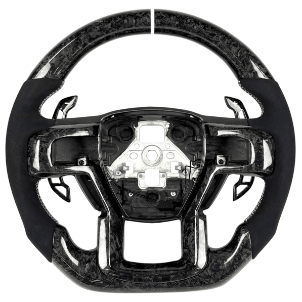 2015-2020 Ford F-150 forged carbon fiber flat-bottom custom steering wheel with black Alcantara grips and paddle shifters