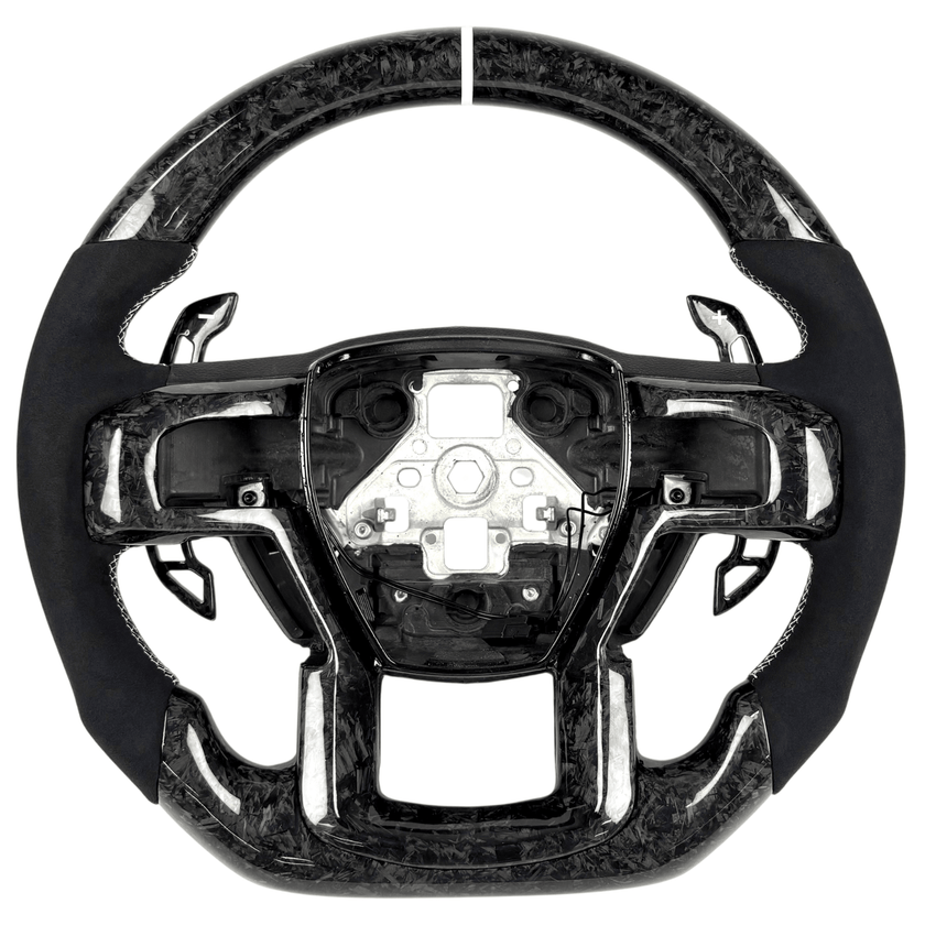 2015-2020 Ford F-150 forged carbon fiber flat-bottom custom steering wheel with black Alcantara grips and paddle shifters