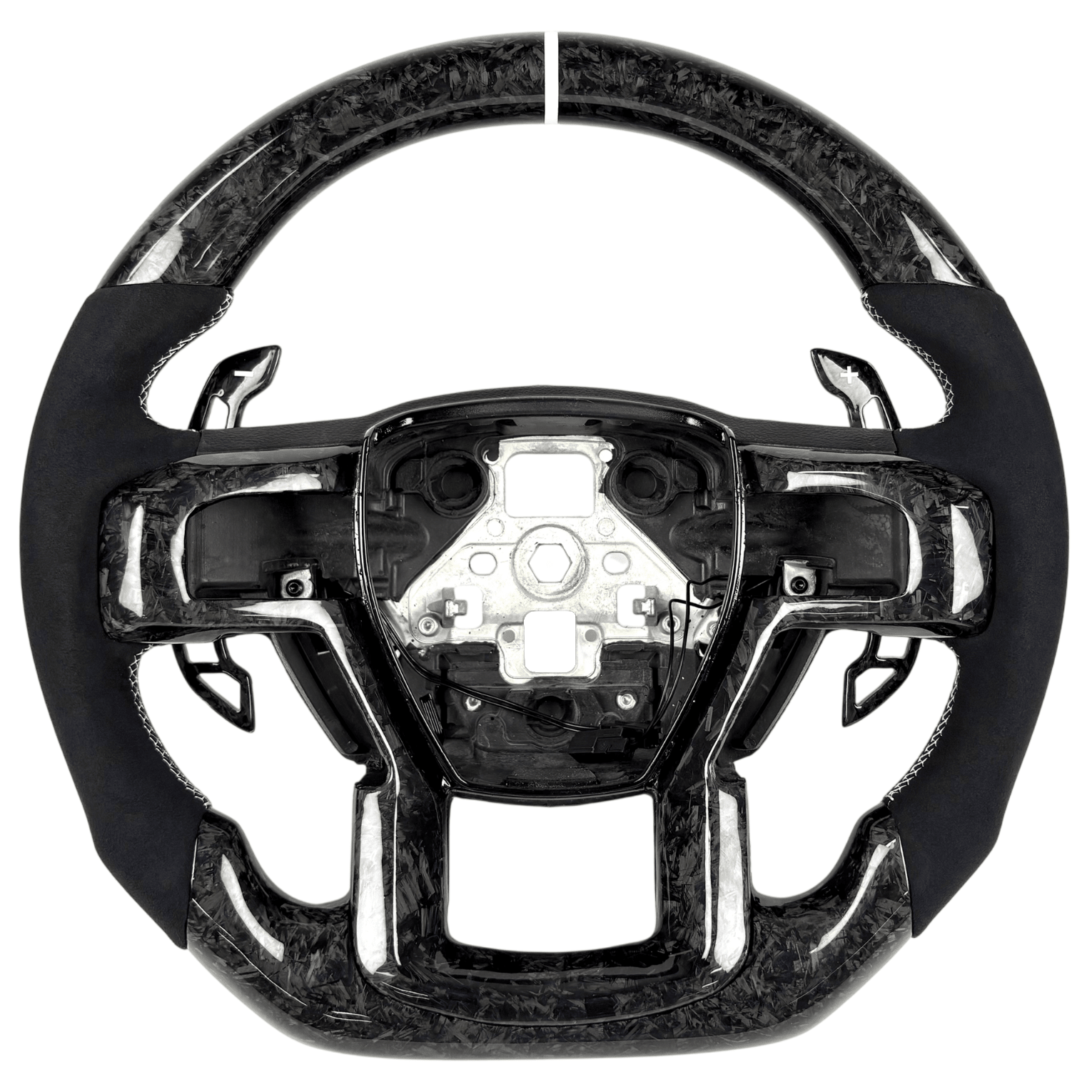 2015-2020 Ford F-150 forged carbon fiber flat-bottom custom steering wheel with black Alcantara grips and paddle shifters