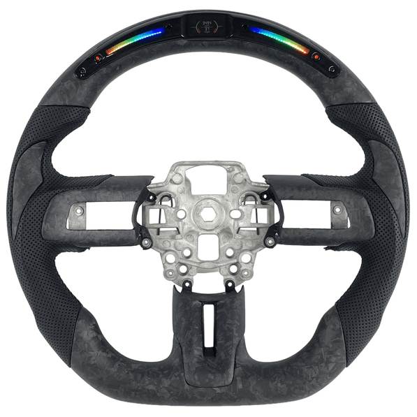 2015-2023 Ford Mustang S550 matte forged carbon fiber LED custom steering wheel with perforated black leather grips and integrated shift lights