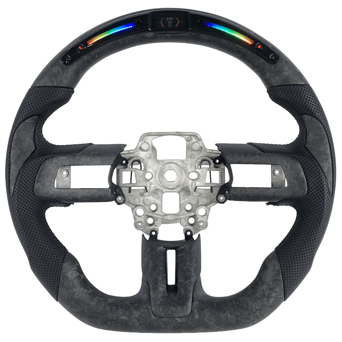 2015-2023 Ford Mustang S550 matte forged carbon fiber LED custom steering wheel with perforated black leather grips and integrated shift lights