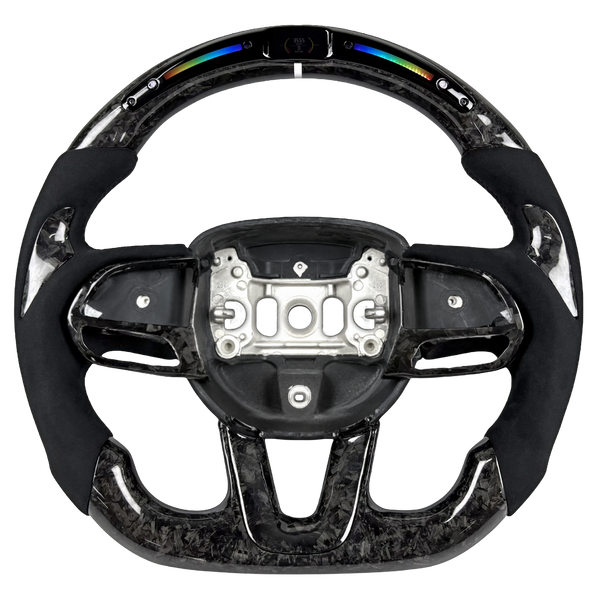 Mopar forged carbon fiber LED custom steering wheel front view with black Alcantara-style grips, flat-bottom rim, and exposed airbag mount