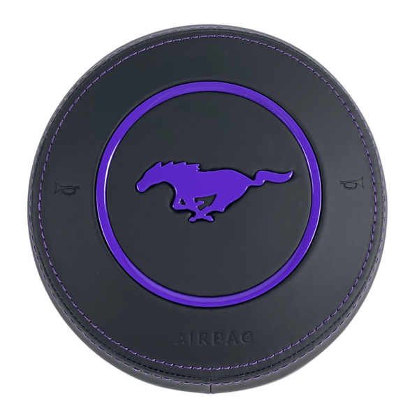 2015-2023 Ford Mustang S550 custom black leather steering wheel airbag cover with purple stitching, purple trim ring, and pony emblem