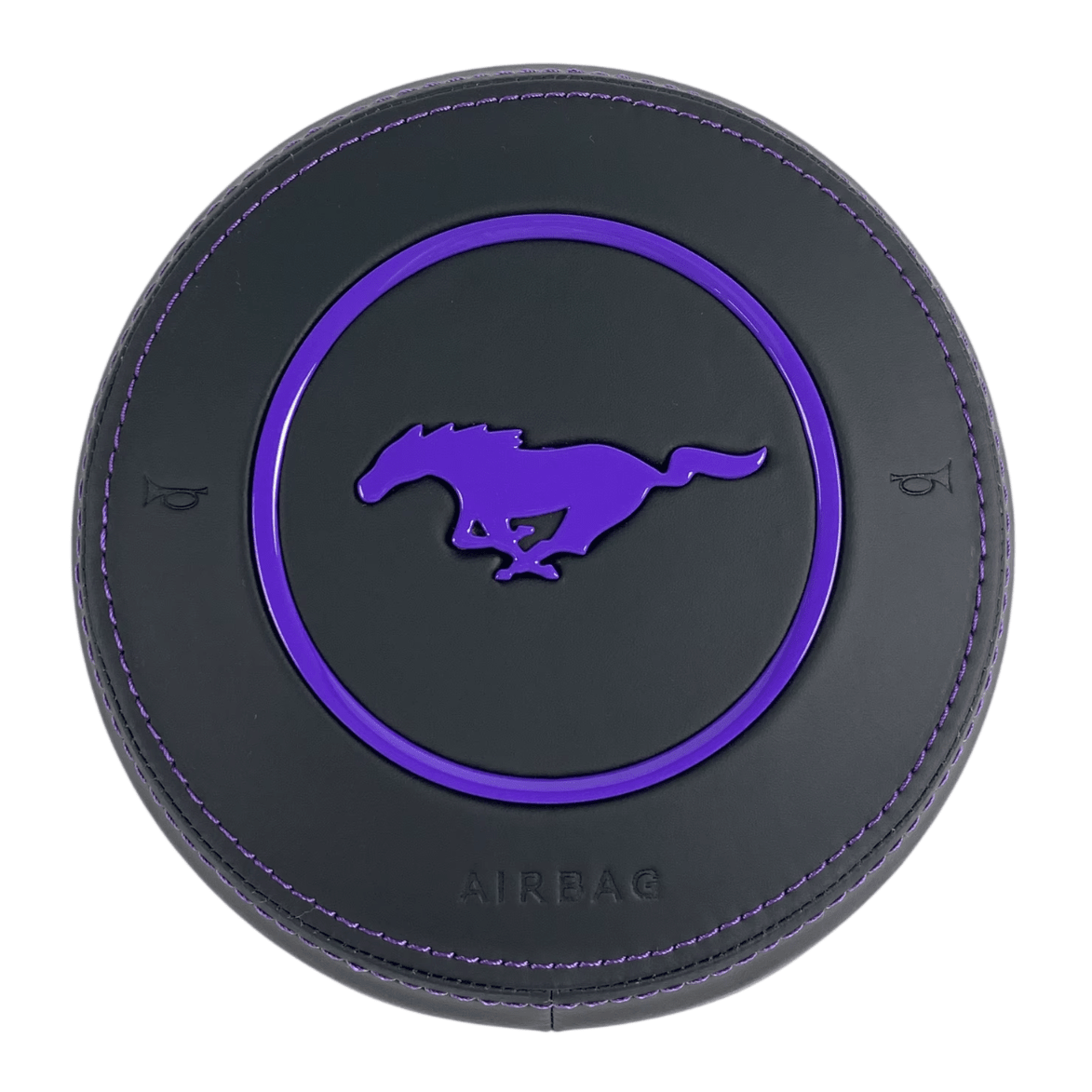 2015-2023 Ford Mustang S550 custom black leather steering wheel airbag cover with purple stitching, purple trim ring, and pony emblem