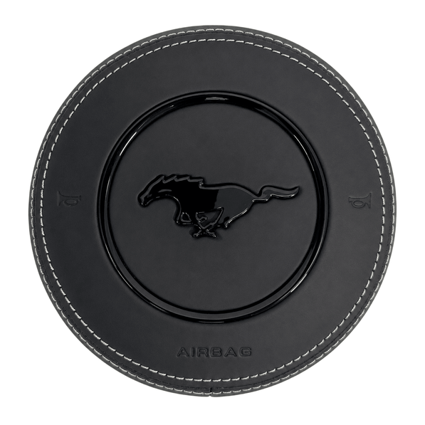 2015-2023 Ford Mustang S550 custom black leather steering wheel airbag cover with white stitching, gloss black trim ring, and pony emblem