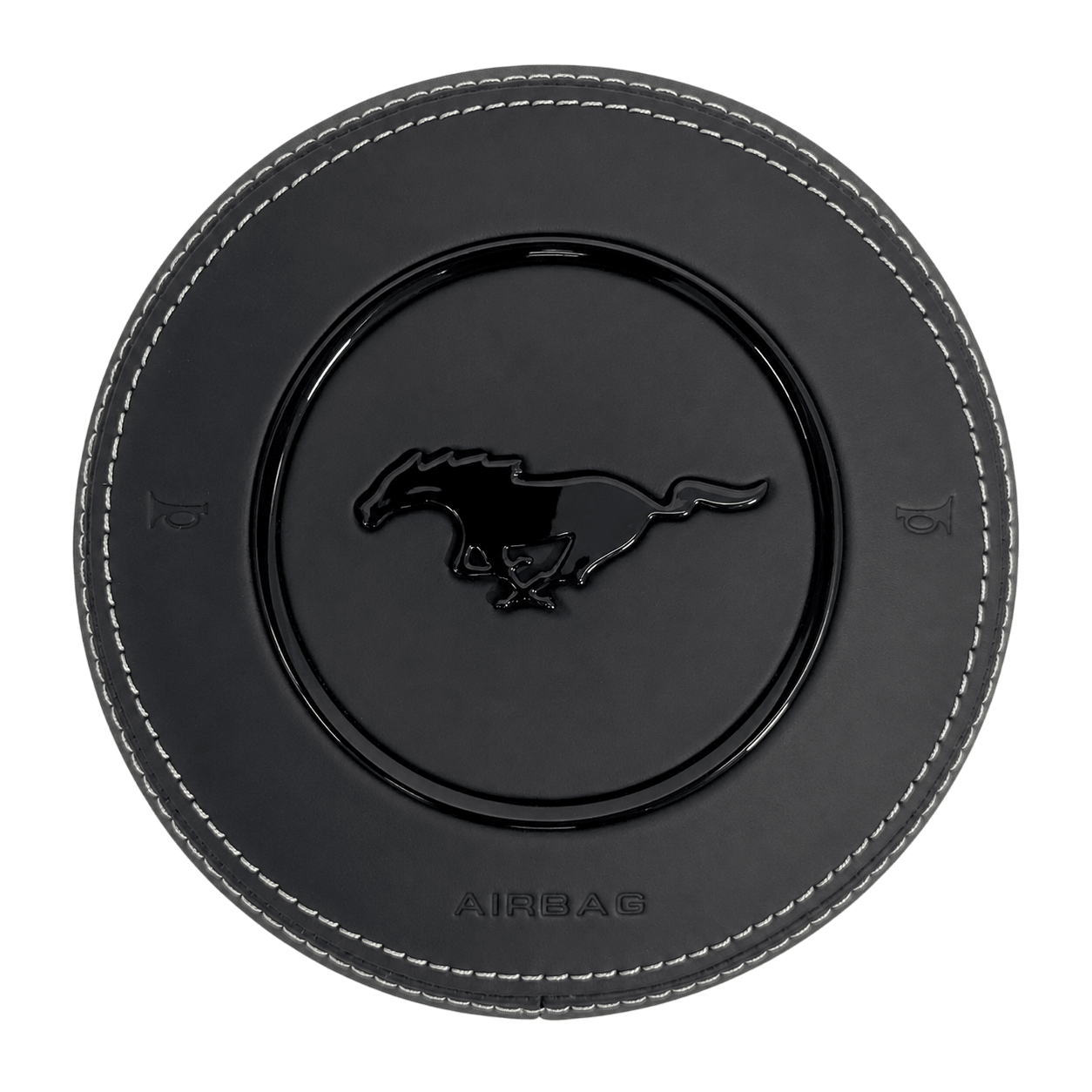 2015-2023 Ford Mustang S550 custom black leather steering wheel airbag cover with white stitching, gloss black trim ring, and pony emblem