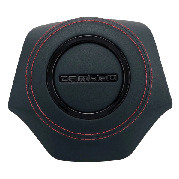 2016-2024 Chevrolet Camaro leather steering wheel airbag cover with red stitching and gloss black center trim
