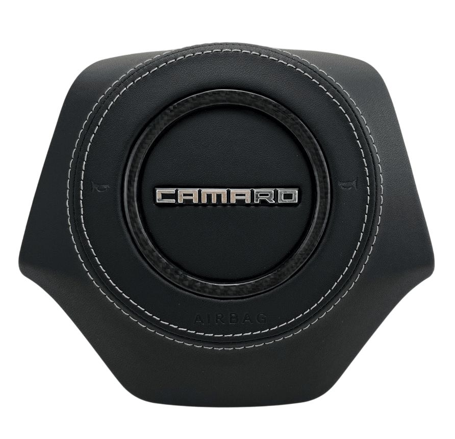 2016-2024 Chevrolet Camaro leather steering wheel airbag cover with white stitching and carbon fiber-style center trim