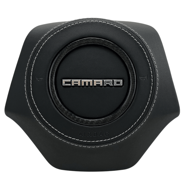 2016-2024 Chevrolet Camaro leather steering wheel airbag cover with white stitching and carbon fiber-style center trim