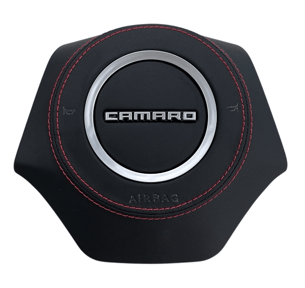 2016-2024 Chevrolet Camaro leather steering wheel airbag cover with red stitching and silver center trim ring