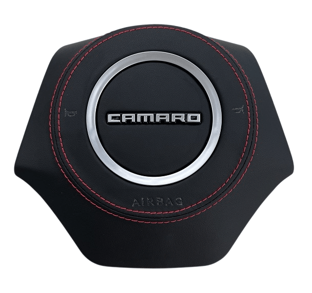 2016-2024 Chevrolet Camaro leather steering wheel airbag cover with red stitching and silver center trim ring