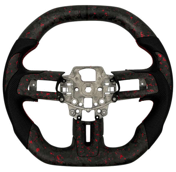2015-2023 Ford Mustang S550 red-flake forged carbon fiber custom steering wheel with perforated leather grips