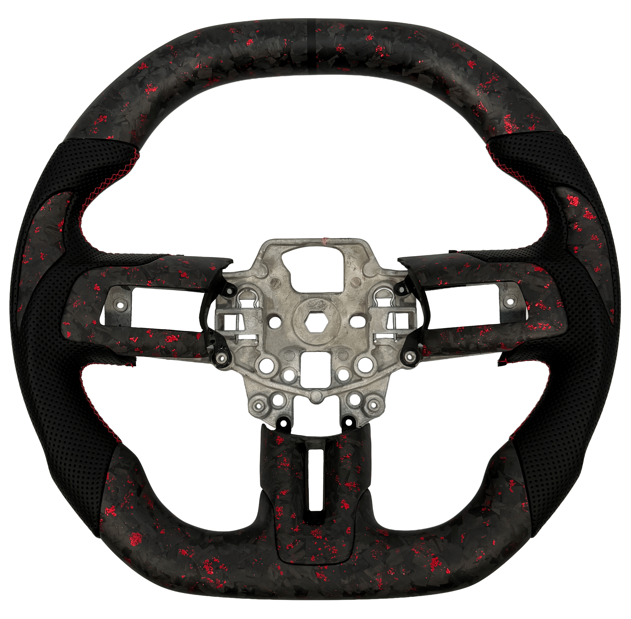 2015-2023 Ford Mustang S550 red-flake forged carbon fiber custom steering wheel with perforated leather grips
