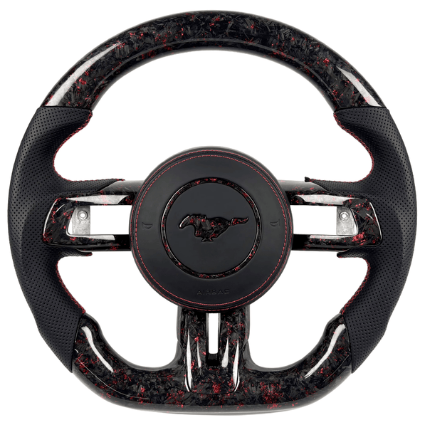 2015-2023 Ford Mustang S550 red-flake forged carbon fiber custom steering wheel with perforated black leather grips and red stitching