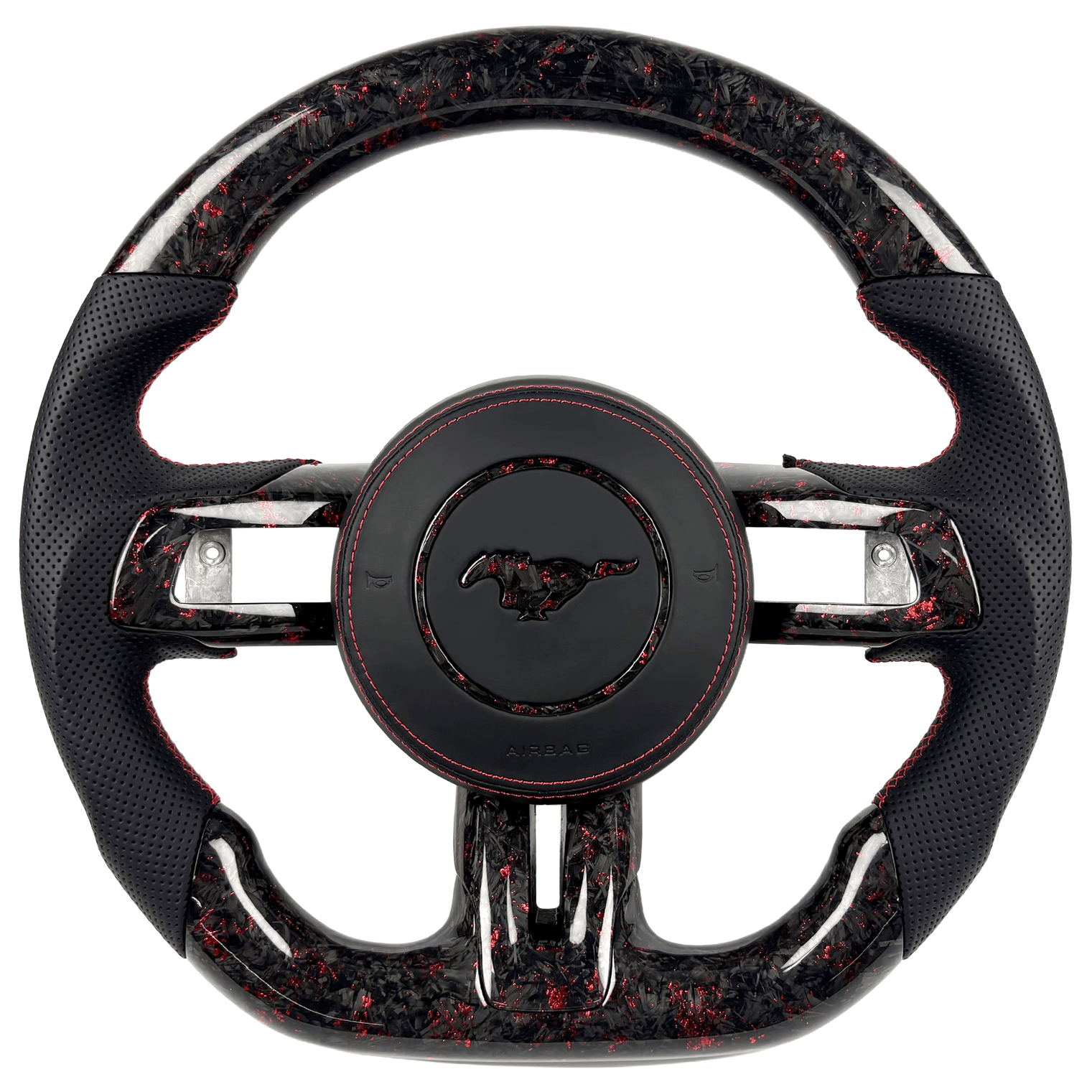 2015-2023 Ford Mustang S550 red-flake forged carbon fiber custom steering wheel with perforated black leather grips and red stitching