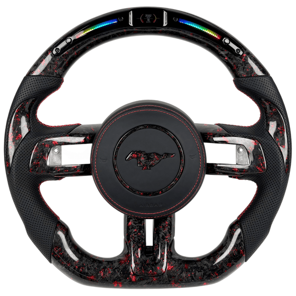 2015-2023 Ford Mustang S550 red forged carbon fiber LED custom steering wheel with perforated leather grips and paddle shifters