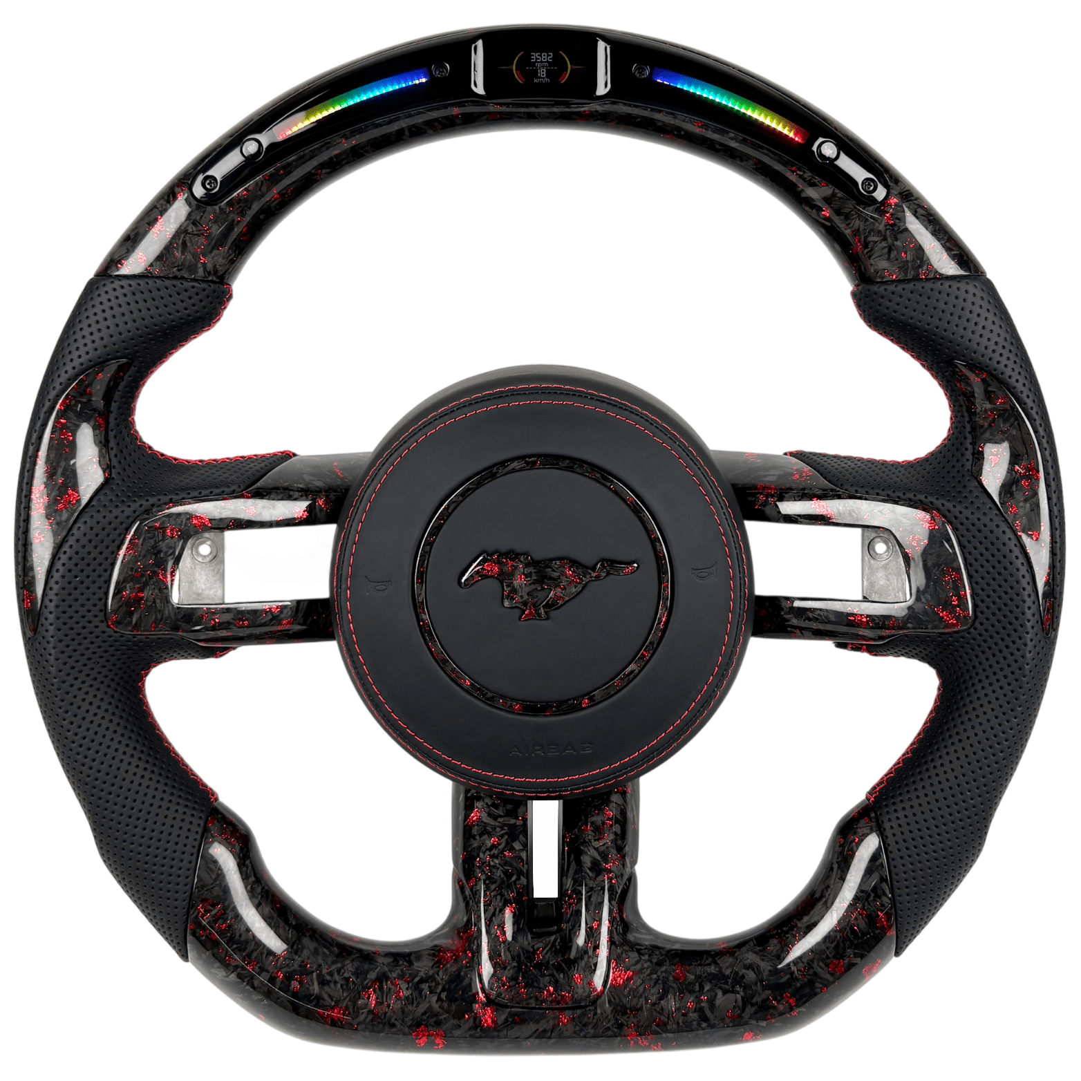 2015-2023 Ford Mustang S550 red forged carbon fiber LED custom steering wheel with perforated leather grips and paddle shifters