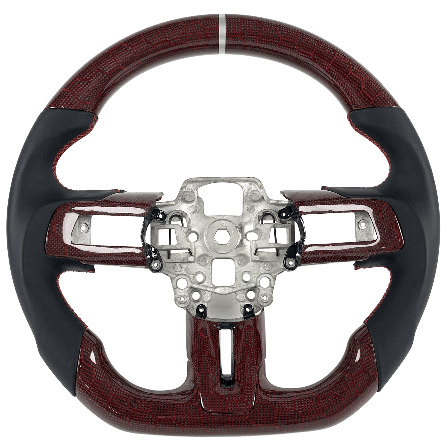 2015-2023 Ford Mustang S550 red honeycomb carbon fiber custom steering wheel with black leather grips, red stitching, and silver 12 o'clock center stripe
