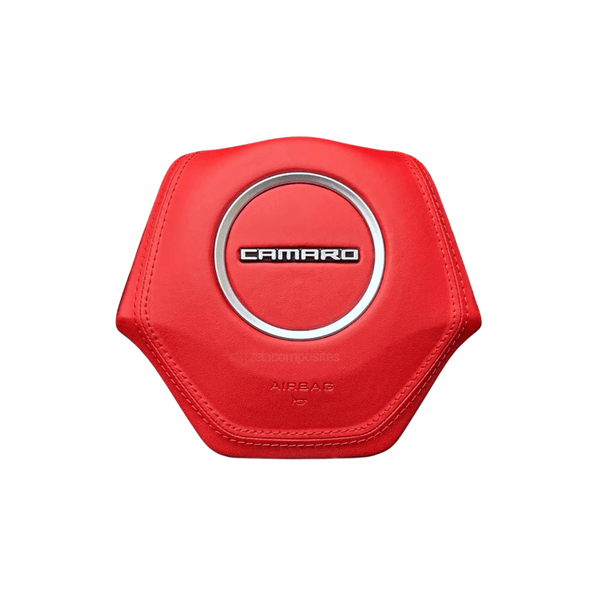 2016-2024 Chevrolet Camaro red leather steering wheel airbag cover with matching stitching and silver center trim ring