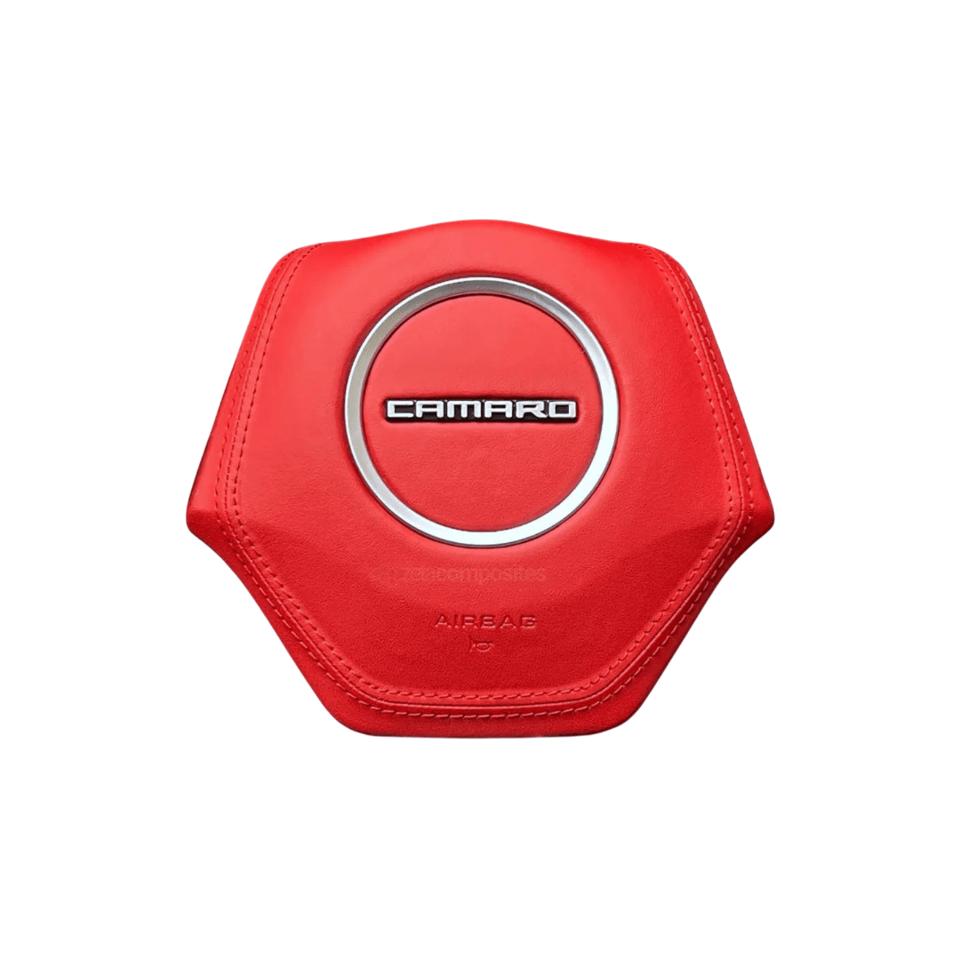 2016-2024 Chevrolet Camaro red leather steering wheel airbag cover with matching stitching and silver center trim ring