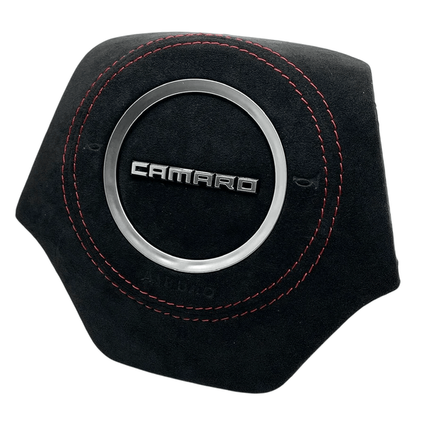 2016-2024 Chevrolet Camaro suede steering wheel airbag cover with red stitching and silver center trim ring