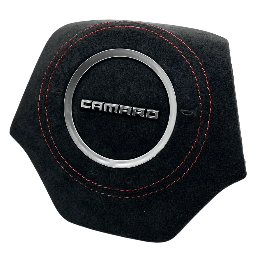 2016-2024 Chevrolet Camaro suede steering wheel airbag cover with red stitching and silver center trim ring