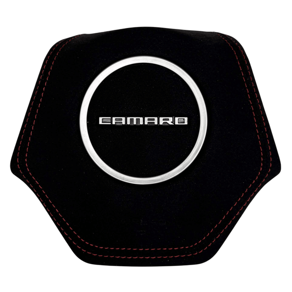 Custom suede steering wheel airbag cover for 2016-2024 Chevrolet Camaro with red stitching and silver center trim