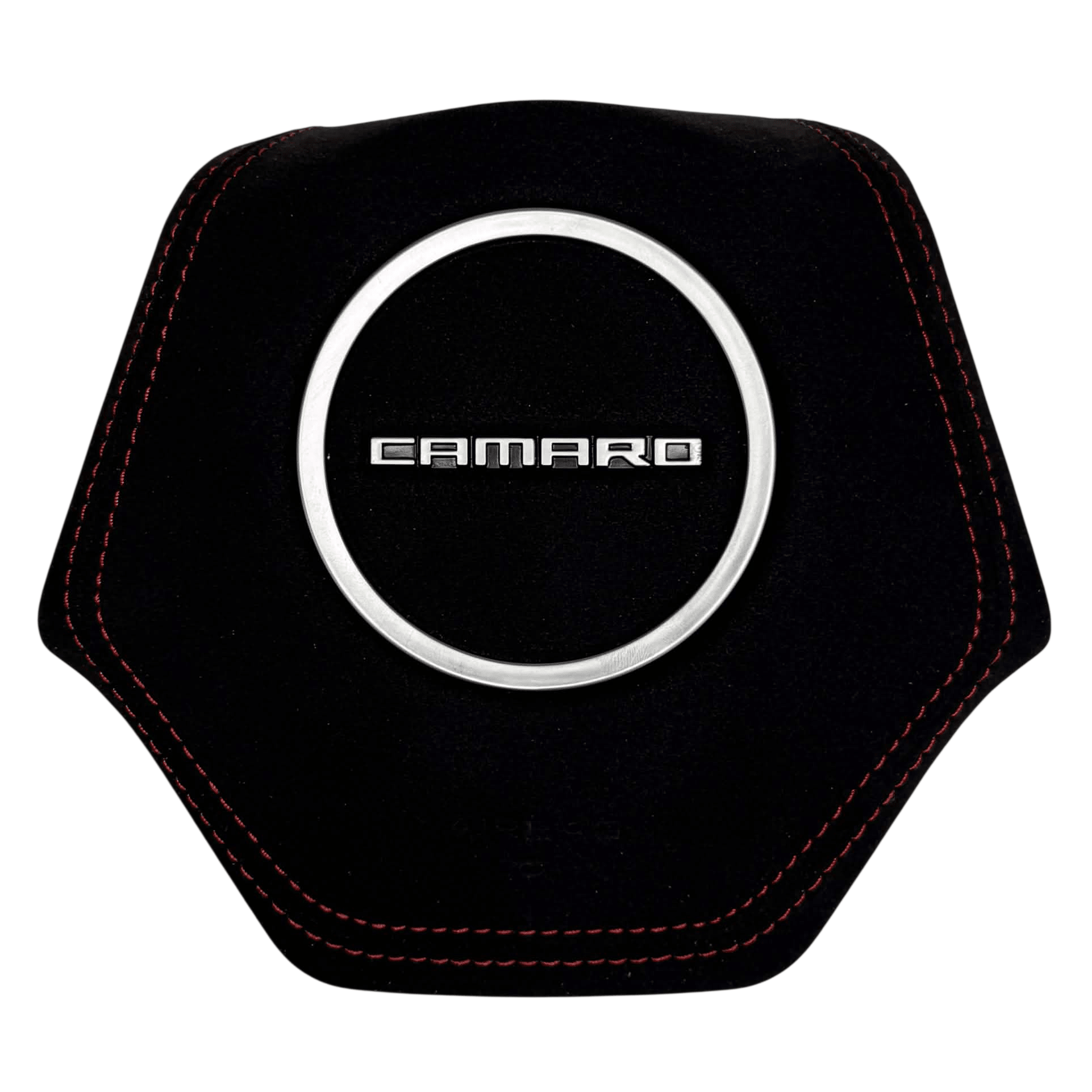 Custom suede steering wheel airbag cover for 2016-2024 Chevrolet Camaro with red stitching and silver center trim