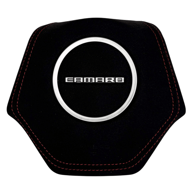 Custom suede steering wheel airbag cover for 2016-2024 Chevrolet Camaro with red stitching and silver center trim