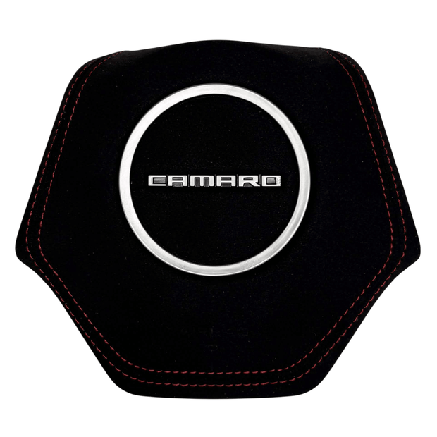 Custom suede steering wheel airbag cover for 2016-2024 Chevrolet Camaro with red stitching and silver center trim