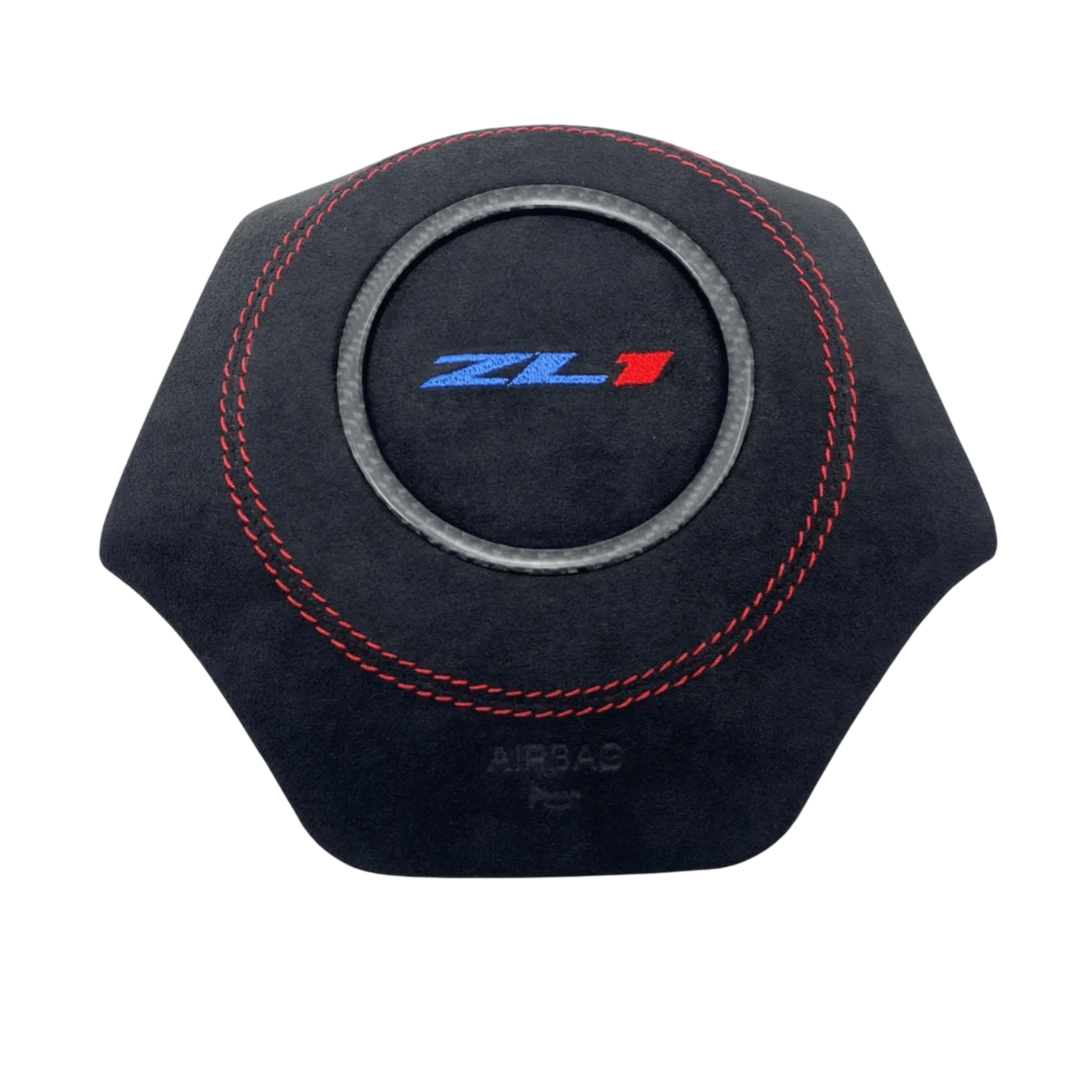 2016-2024 Chevrolet Camaro ZL1 suede steering wheel airbag cover with red stitching and carbon fiber-style trim ring